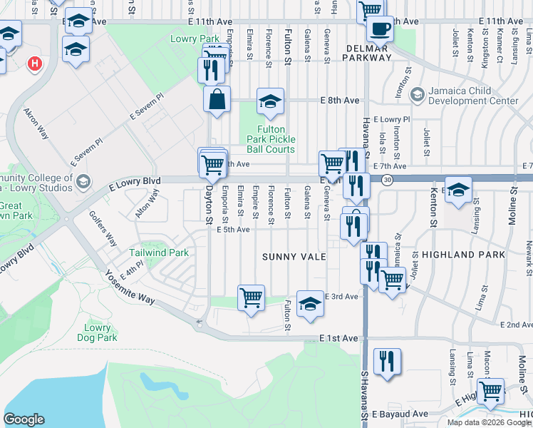 map of restaurants, bars, coffee shops, grocery stores, and more near 544 Empire Street in Aurora