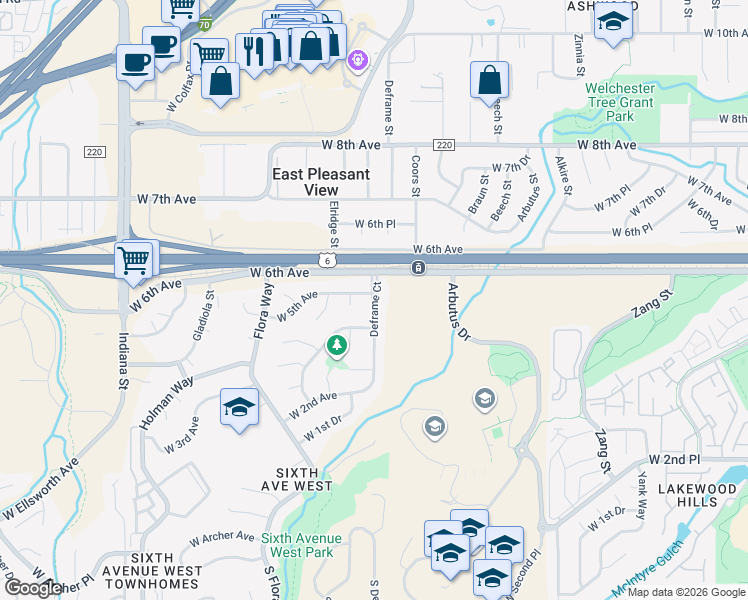 map of restaurants, bars, coffee shops, grocery stores, and more near Deframe Court in Golden