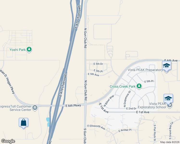 map of restaurants, bars, coffee shops, grocery stores, and more near 23405 East 5th Place in Aurora