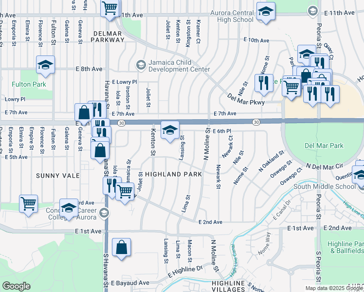 map of restaurants, bars, coffee shops, grocery stores, and more near 560 Lansing Street in Aurora
