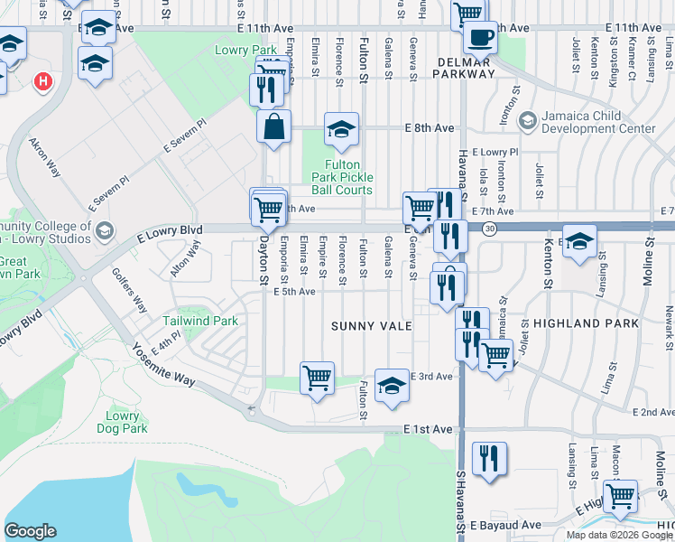 map of restaurants, bars, coffee shops, grocery stores, and more near 544 Empire Street in Aurora