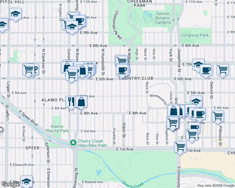 map of restaurants, bars, coffee shops, grocery stores, and more near 536 Gilpin Street in Denver