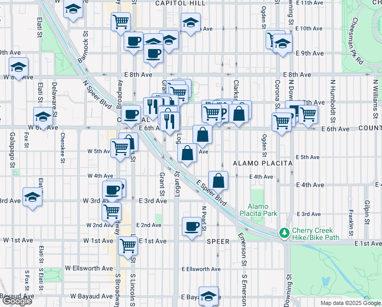 map of restaurants, bars, coffee shops, grocery stores, and more near 520 Logan Street in Denver