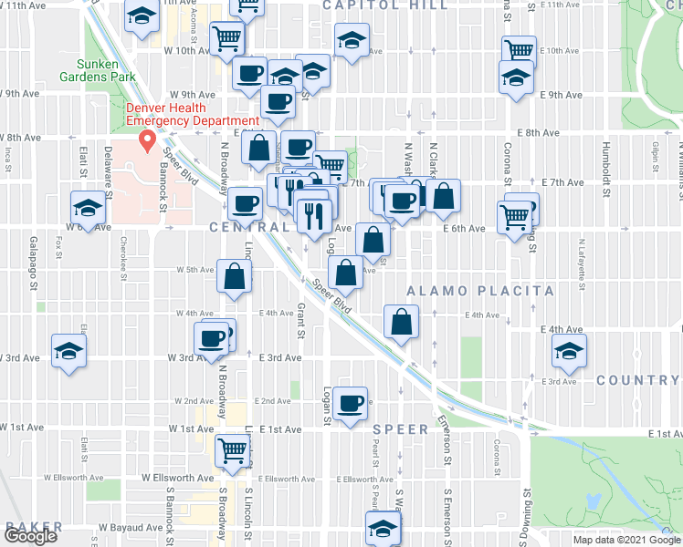 map of restaurants, bars, coffee shops, grocery stores, and more near 520 Logan Street in Denver