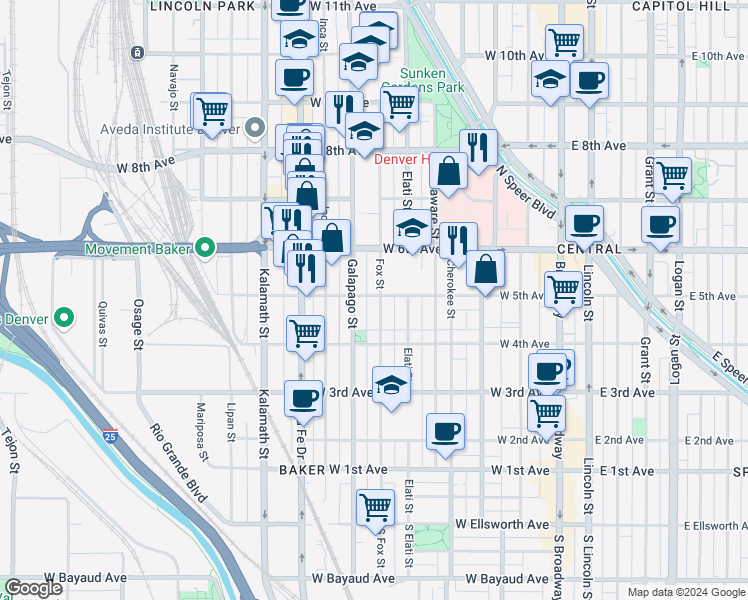 map of restaurants, bars, coffee shops, grocery stores, and more near 519 Fox Street in Denver