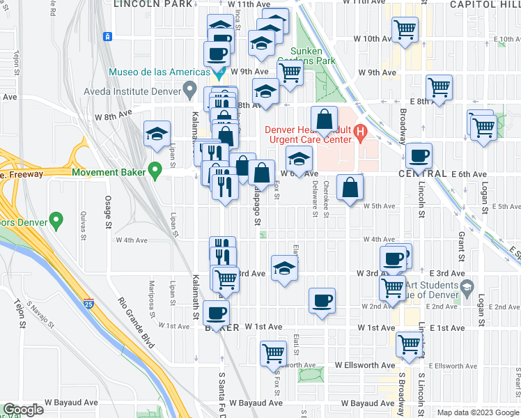 map of restaurants, bars, coffee shops, grocery stores, and more near 519 Fox Street in Denver