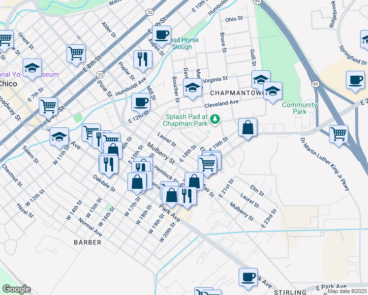 map of restaurants, bars, coffee shops, grocery stores, and more near 1718 Elm Street in Chico