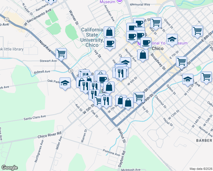 map of restaurants, bars, coffee shops, grocery stores, and more near in Chico