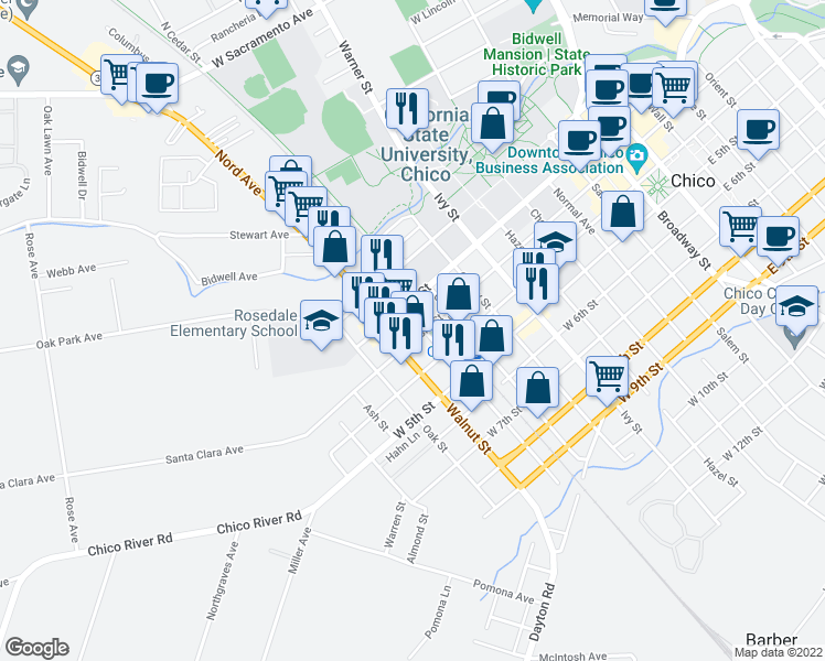map of restaurants, bars, coffee shops, grocery stores, and more near 945 West 2nd Street in Chico