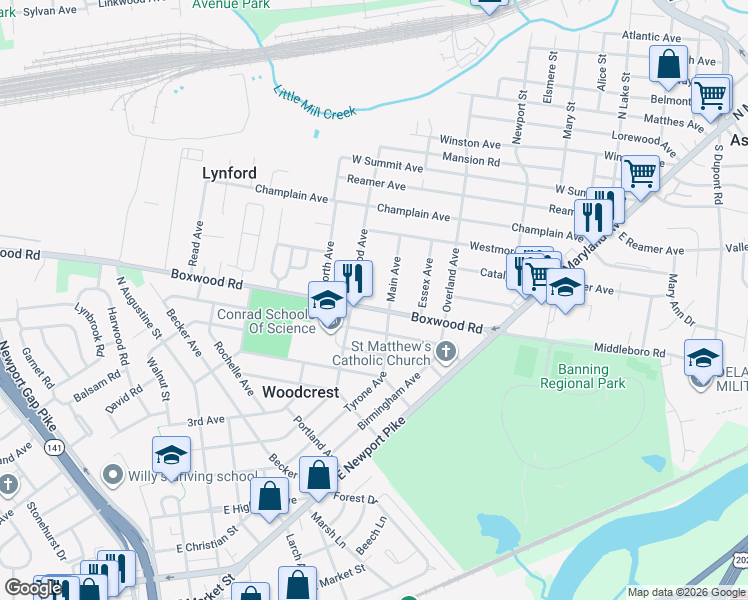 map of restaurants, bars, coffee shops, grocery stores, and more near 6 Boxwood Avenue in Wilmington