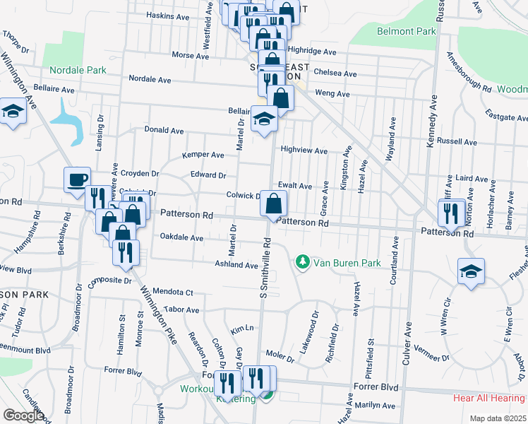 map of restaurants, bars, coffee shops, grocery stores, and more near 1334 Colwick Drive in Dayton
