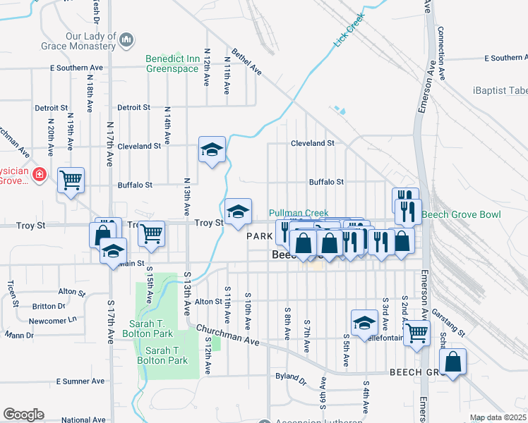 map of restaurants, bars, coffee shops, grocery stores, and more near 166 North 9th Avenue in Beech Grove