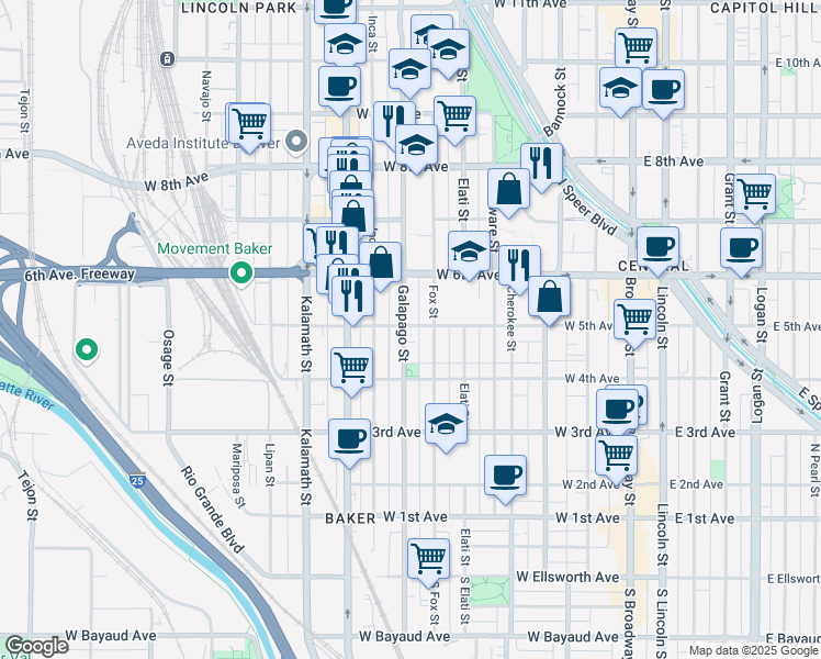 map of restaurants, bars, coffee shops, grocery stores, and more near 632 West 5th Avenue in Denver