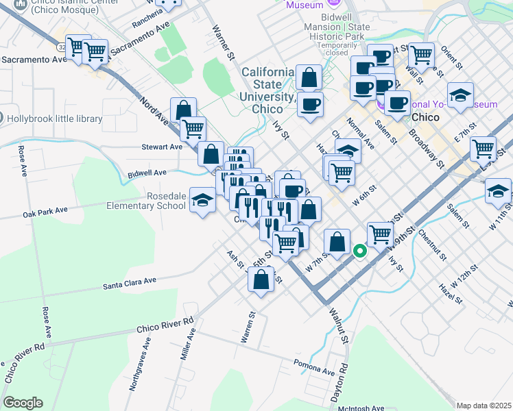 map of restaurants, bars, coffee shops, grocery stores, and more near 234 Cedar Street in Chico