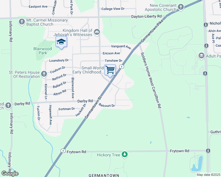 map of restaurants, bars, coffee shops, grocery stores, and more near 4724 Germantown Pike in Dayton