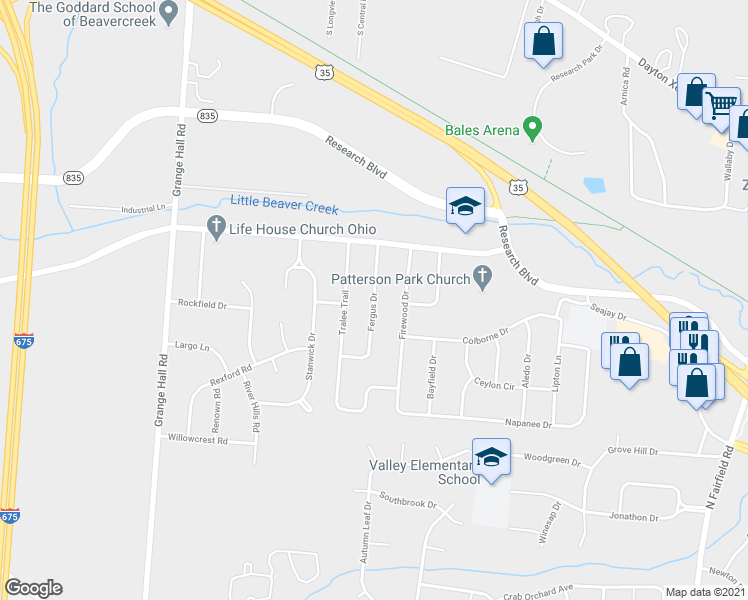 map of restaurants, bars, coffee shops, grocery stores, and more near 1149 Fergus Drive in Dayton