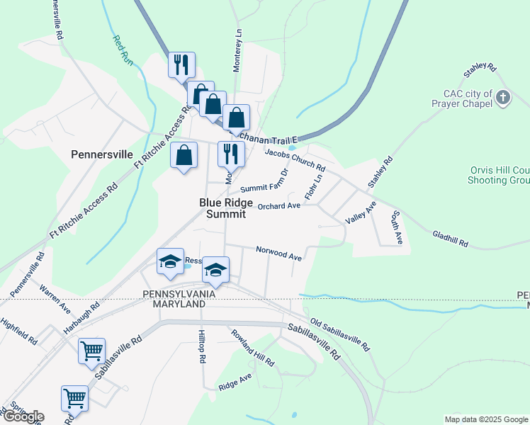 map of restaurants, bars, coffee shops, grocery stores, and more near 15384 Orchard Avenue in Blue Ridge Summit