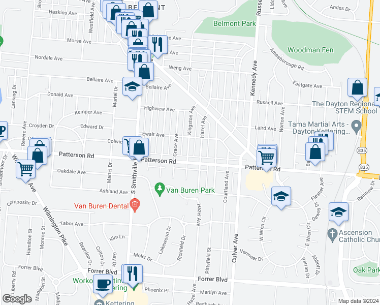 map of restaurants, bars, coffee shops, grocery stores, and more near 2940 Kingston Avenue in Dayton