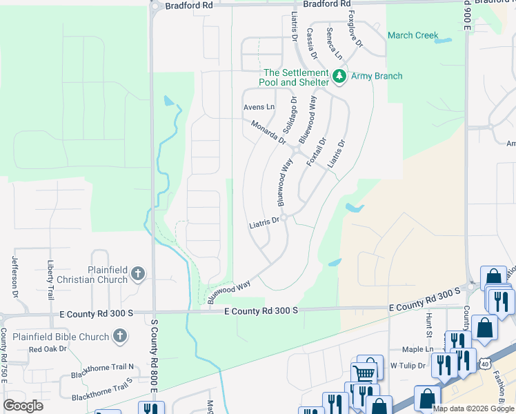 map of restaurants, bars, coffee shops, grocery stores, and more near 2638 Solidago Drive in Plainfield