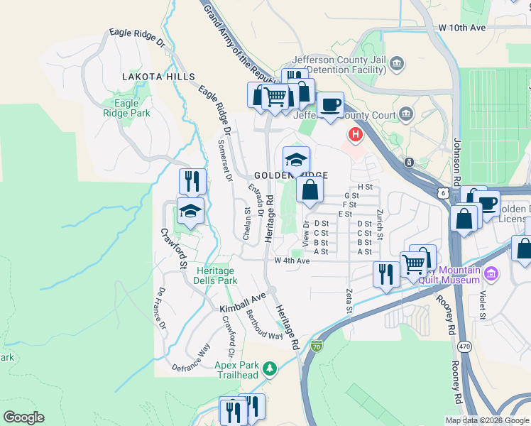 map of restaurants, bars, coffee shops, grocery stores, and more near 518 Entrada Drive in Golden