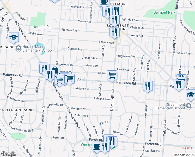 map of restaurants, bars, coffee shops, grocery stores, and more near 1258 Colwick Drive in Dayton
