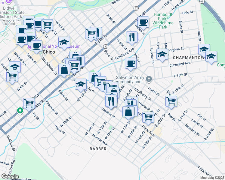 map of restaurants, bars, coffee shops, grocery stores, and more near 1311 Locust Street in Chico