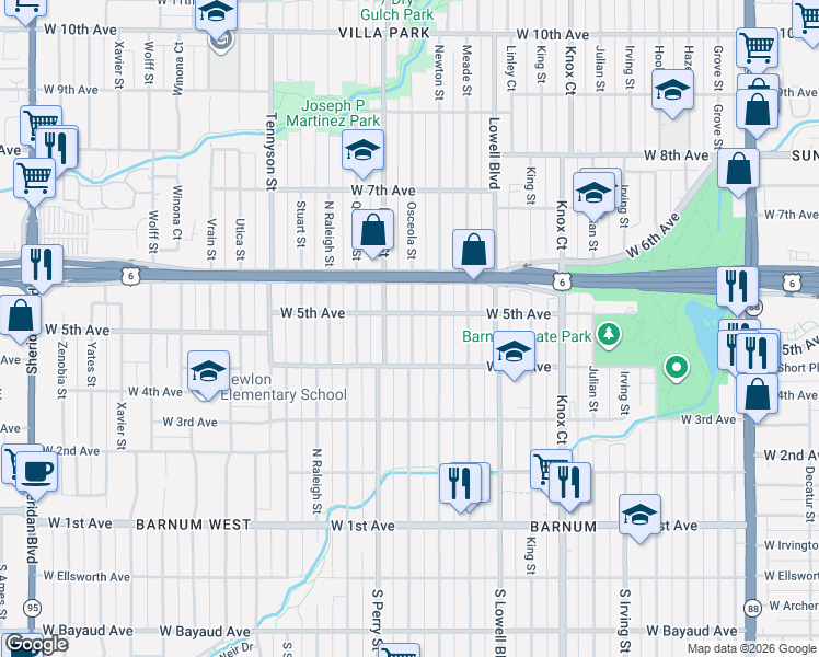 map of restaurants, bars, coffee shops, grocery stores, and more near 476 Perry Street in Denver