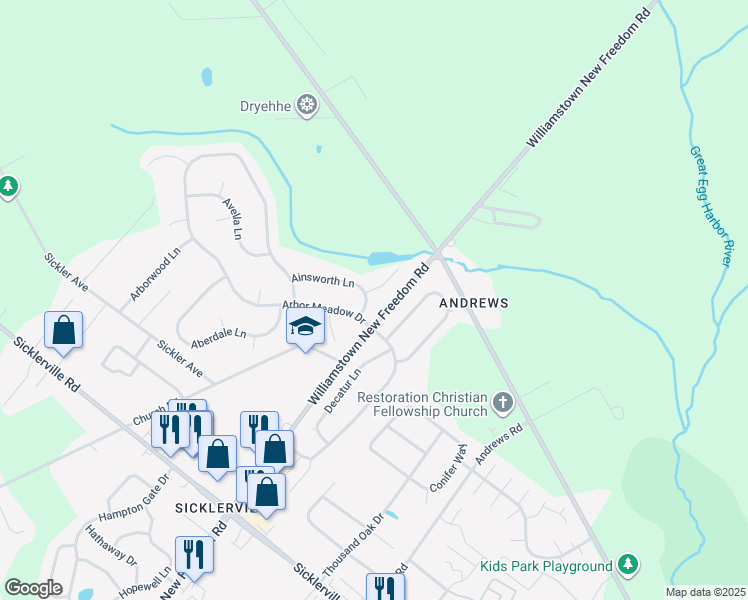 map of restaurants, bars, coffee shops, grocery stores, and more near 11 Ainsworth Lane in Sicklerville