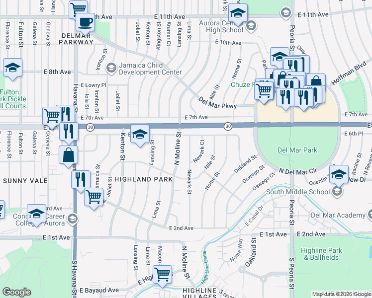 map of restaurants, bars, coffee shops, grocery stores, and more near 578 Newark Street in Aurora