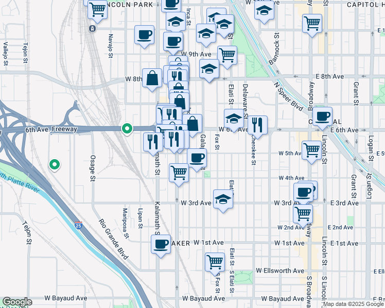 map of restaurants, bars, coffee shops, grocery stores, and more near 512 Inca Street in Denver