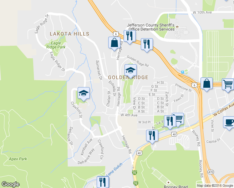 map of restaurants, bars, coffee shops, grocery stores, and more near 518 Entrada Drive in Golden