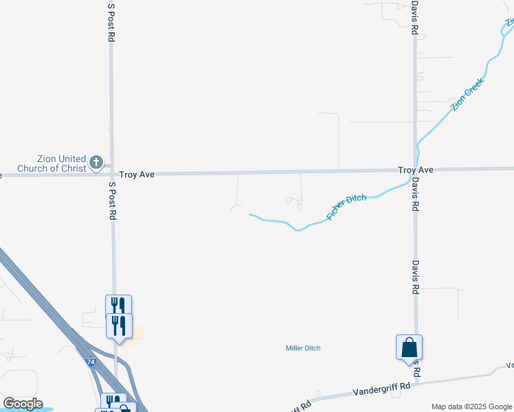 map of restaurants, bars, coffee shops, grocery stores, and more near 9442 Troy Avenue in Indianapolis