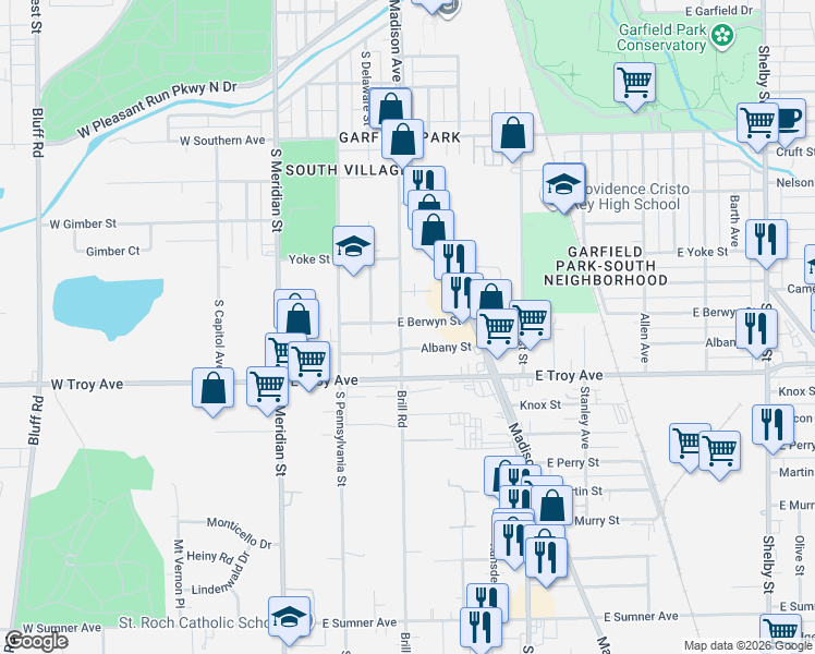 map of restaurants, bars, coffee shops, grocery stores, and more near 2861 Brill Road in Indianapolis