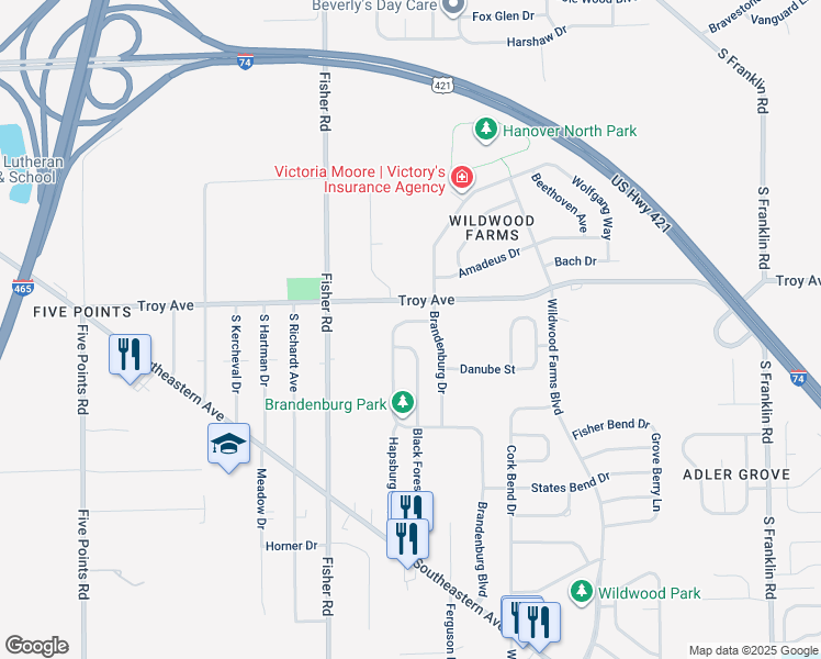 map of restaurants, bars, coffee shops, grocery stores, and more near 7629 Hummel Place in Indianapolis