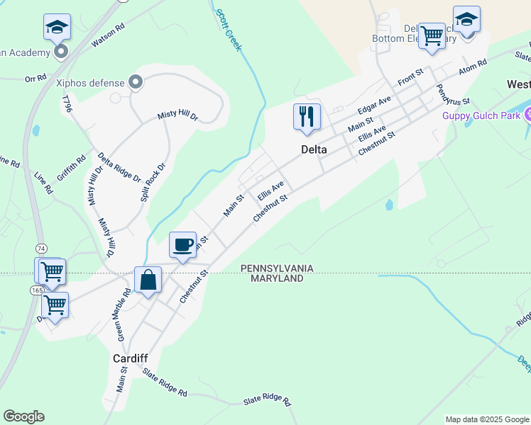 map of restaurants, bars, coffee shops, grocery stores, and more near 404 Chestnut Street in Delta