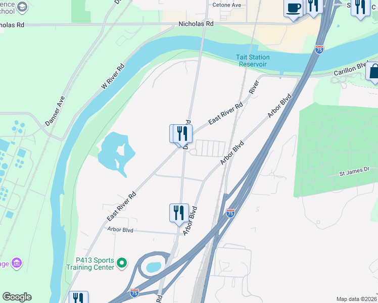 map of restaurants, bars, coffee shops, grocery stores, and more near 11 Alea Street in Moraine