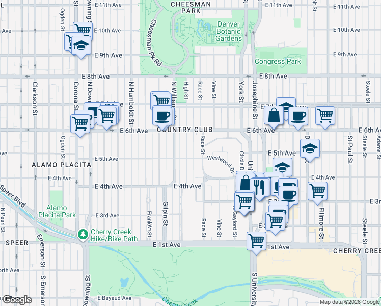 map of restaurants, bars, coffee shops, grocery stores, and more near 510 High Street in Denver