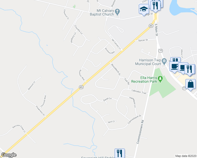 map of restaurants, bars, coffee shops, grocery stores, and more near 49 Woodduck Drive in Harrison Township