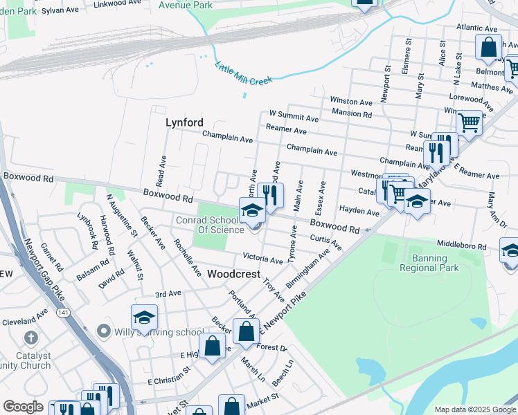 map of restaurants, bars, coffee shops, grocery stores, and more near 305 Boxwood Road in Wilmington