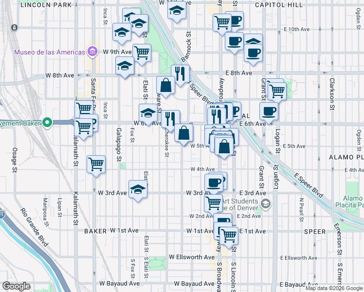 map of restaurants, bars, coffee shops, grocery stores, and more near W 5th Ave & Bannock St in Denver
