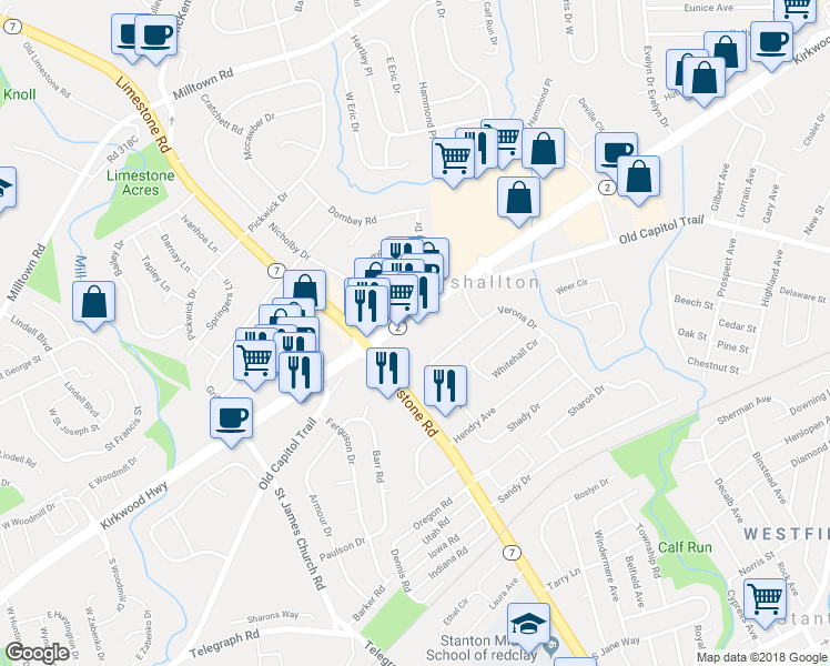 map of restaurants, bars, coffee shops, grocery stores, and more near 4528 Kirkwood Highway in Wilmington