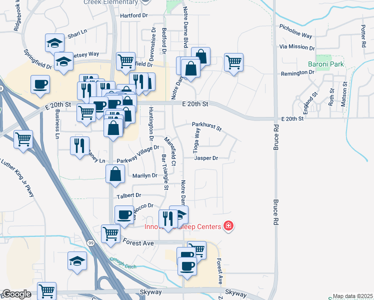 map of restaurants, bars, coffee shops, grocery stores, and more near 2153 Notre Dame Boulevard in Chico