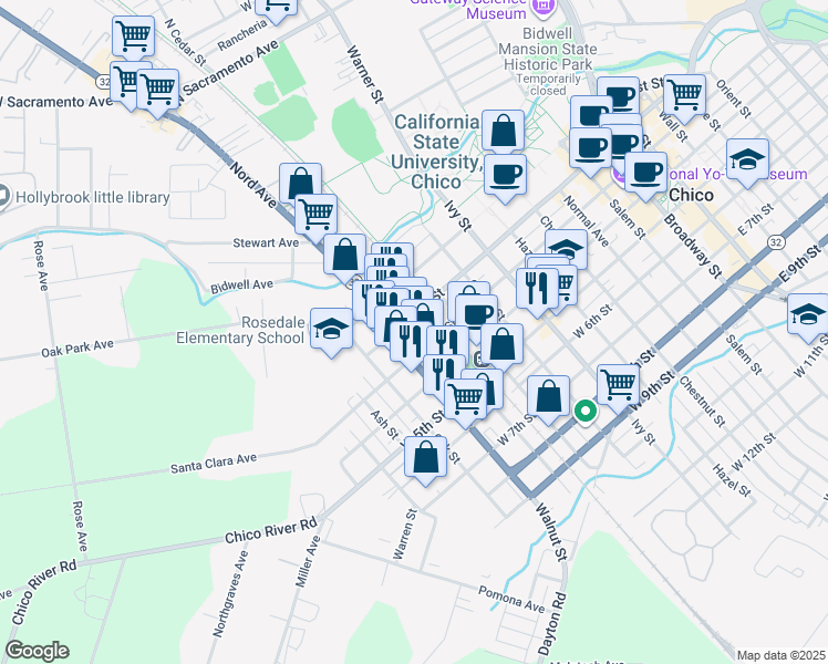 map of restaurants, bars, coffee shops, grocery stores, and more near 226 Cedar Street in Chico