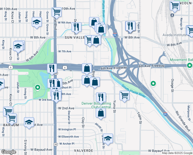 map of restaurants, bars, coffee shops, grocery stores, and more near 535 Alcott Street in Denver