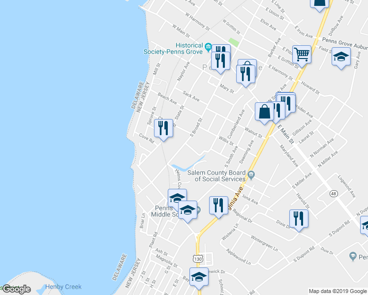 map of restaurants, bars, coffee shops, grocery stores, and more near 175 South Broad Street in Penns Grove