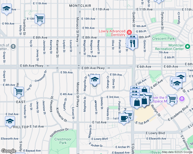 map of restaurants, bars, coffee shops, grocery stores, and more near 6727 East 5th Avenue in Denver