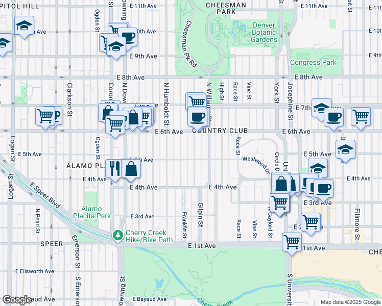 map of restaurants, bars, coffee shops, grocery stores, and more near 536 Gilpin Street in Denver
