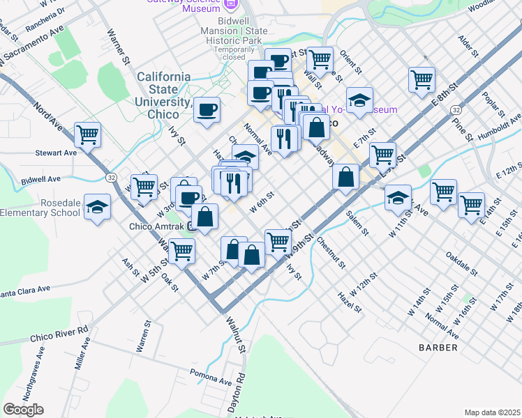 map of restaurants, bars, coffee shops, grocery stores, and more near 544 Hazel Street in Chico