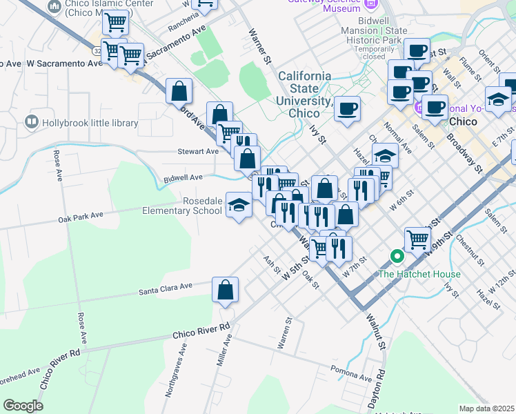 map of restaurants, bars, coffee shops, grocery stores, and more near 1136 West 1st Street in Chico