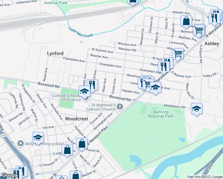 map of restaurants, bars, coffee shops, grocery stores, and more near 512 Essex Avenue in Wilmington